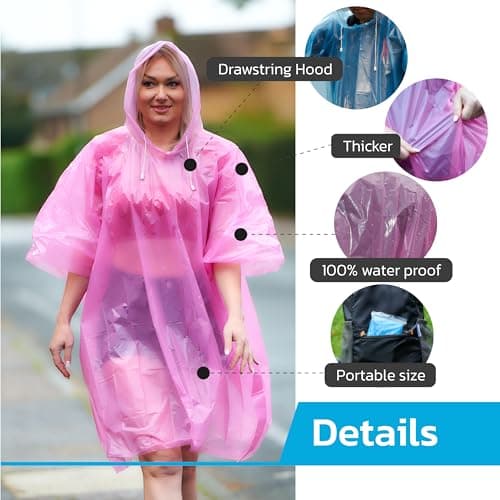 Start and Drive Ltd Poncho Rain Coat Waterproof Plastic Adult Size with Hoods men and women emergency disposable Pocket size Foldable Thin and Strong Hiking Keep Dry (1 pcs Pink + 1 pcs Blue) — view 3