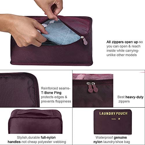 Vicloon Travel Suitcase Organizer Set 6 Pieces, Cube Storage Bags, Waterproof Separators Travel Organizers, Packing Cubes, Organizers Suitcase, for Cosmetics, Shoes, Underwear, red wine, Grande — view 6
