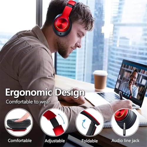 ZZOSRDR Bluetooth Headphones Over Ear, Foldable Lightweight Wireless Headset, Wireless Headphones with Built-in Mic, FM, SD/TF for Online Class, Office, PC, Phone (Red) — view 3