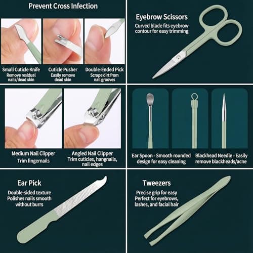 Barpre Manicure Set Professional - 10 Piece Stainless Steel Nail Clippers Kit & Pedicure Tools, Grooming Kit for Men & Women, Sharp Nail Cutter with Luxury Green Travel Leather Case — view 4