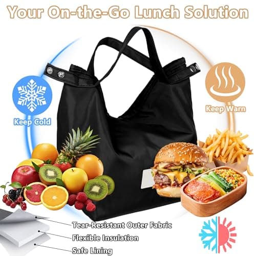 Winsegom Roll-Top Insulated Lunch Bag, 10L Waterproof Thermal Cooler Tote Bag, Reusable Leakproof Lunch Box for Men Women, Practical Food Storage Handbag for Work School Picnic Travel (Black) — view 3