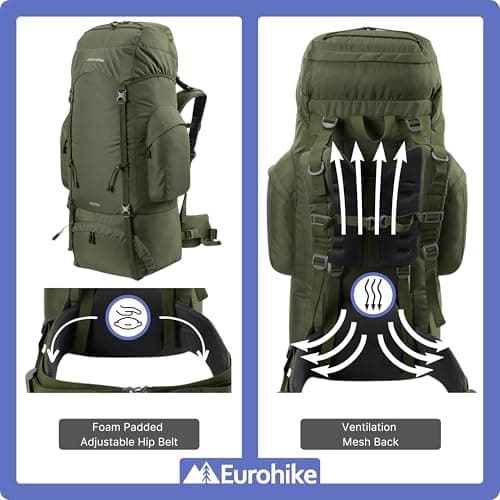 Eurohike Nepal 85 Litre Rucksack with Ventilated Back Panel & Padded Harness, 85L Backpack, Bag for Men & Women, Adjustable, Lightweight, Camping, Hiking, Trekking, Travelling, Outdoor, Green — view 5