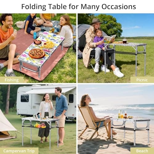 Anbte 3ft Folding Camping Table with Storage Net & bag, 3 Adjustable Height Max 27.5" Outdoor Folding Table Lightweight, Portable Handle for Outdoor Indoor Camping Beach RV Picnic, Blooming Floral — view 6
