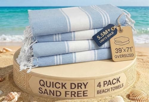 LANE LINEN Oversized Turkish Beach Towels – 4 Pack, 39"x71" Cotton Rich & Quick Dry Travel Towels for Adults, Lightweight & Pre-Washed for Soft Feel, Sky Blue