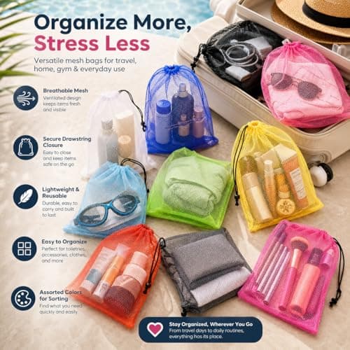 WYRGQIQN 10 Pack Multi-Coloured Drawstring Bags, Lightweight Nylon Mesh Storage Bags with Drawstring Closure, Reusable Gym Bags for Beach, Laundry, Sports Equipment, Toys and Travel Black — view 6