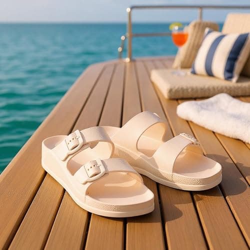 VIVASHOES Women’s Double Buckle EVA Sandals – Lightweight Waterproof Adjustable Slides with Arch Support for Summer, Beach, Pool & Daily Wear – True to Size Good for Wide Fit – Cream 6 — view 5
