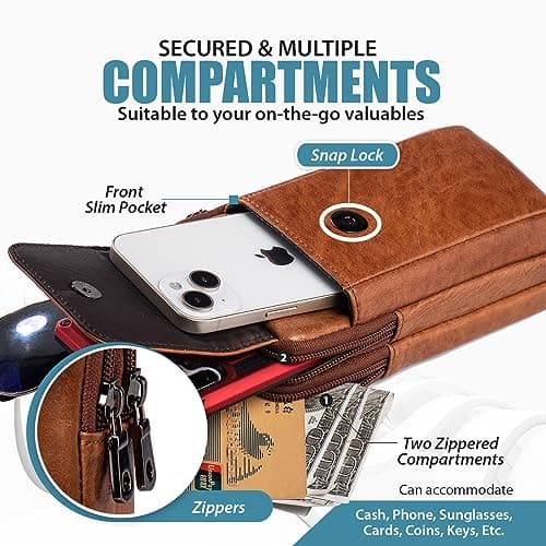 Hengwin Phone Belt Holder, Genuine Leather Cellphone Bag, Men’s Shoulder Crossbody Purse, Small Card Money Travel Pouch with Strap Mobile — view 3