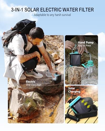 BKLES 3-in-1 Solar Electric Water Filter with Hand Pump - Camping Water Filtration System Survival, Portable Water Purifier with Emergency Light, Survival Kit for Backpacking, Birthday Gifts for Men — view 2