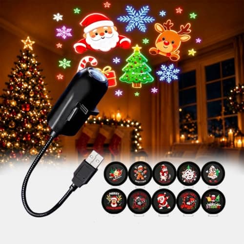 HD 5D Holographic Christmas Night Light Projector, Christmas Projector Lights, USB Plug & Play 360° Rotating Ceiling Lamp with 10 Festive Slides, Dynamic Holiday Scene for Bedroom, Living Room