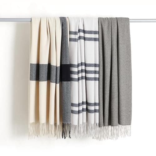 Amazon Basics Lightweight Recycled Polyester Sofa Throw Blanket, Bed Throw for Room Décor, 127 x 152 cm, Light Grey With Blue Stripes — view 3