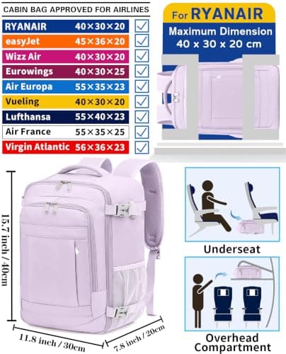 KLOSTAIN Ryanair Cabin Bags 40x30x20 Underseat 24L Laptop Carry On Backpack Fits easyJet Eurowings Wizz Air Light Purple — view 2