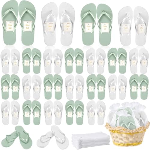 Unittype Flip Flops Bulk for Wedding Guest Slippers Wedding Flip Flops with Cards Bags for Pool Beach Party, White,green, One Size
