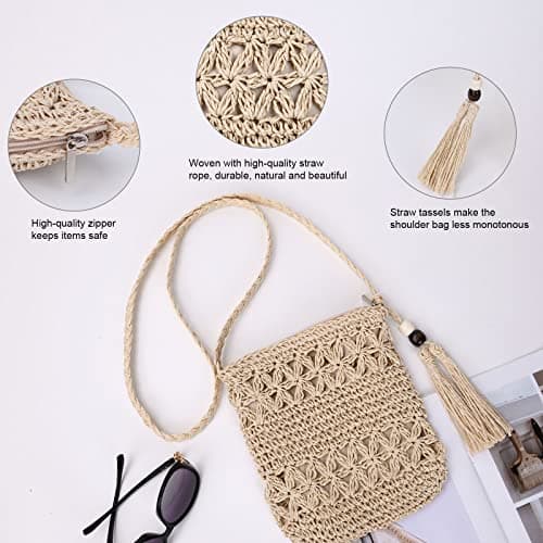 Aucuu Straw Bag for Women, Summer Beach Straw Purse with Tassel, Weave Handmade Single Crossbody Bag with Zipper, Bohemian Shoulder Purse for Summer Beach Travel — view 4