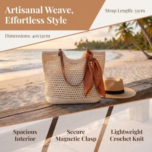 Elovara Womens Straw Beach Bag Large Crochet Tote Bag with Magnetic Clasp — view 5