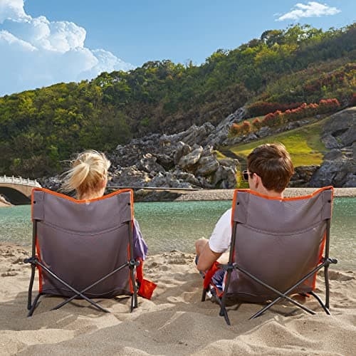Portal Folding Beach Chair Low Lightweight 2 PCs Portable for Adults Foldable Beach Seat Camping Festival Picnic Deck Chair Outdoor Collapsible with Cupholder Mesh Back Padded Armrests Supports 150KG — view 2