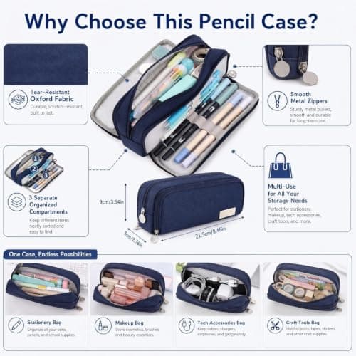 Large Capacity Pencil Case 3 Compartment Pouch Pen Bag for School, Navy — view 3