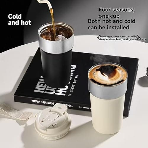 Insulated Travel Mug 500ml Reusable Thermal Coffee Cups for Hot Drinks with Lid and Strap (Pink) — view 5