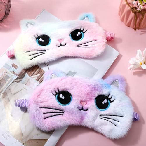 2 Pack Sleeping Eye Mask Soft Plush Eye Mask Cute Animal Sleeping Eye Shade Night Eyeshade Cover for Girls Boys Travel Nap Party Supplies (Colorful, Cat Style) — view 3