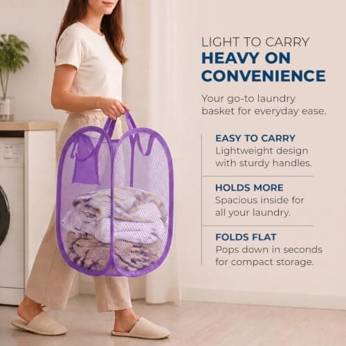 HOMESHOPA Laundry Baskets Pop Up Mesh Washing Bag, Purple Foldable Dirty Clothes Baskets with Handles&Side Pocket, Collapsible Toy Tidy Storage Organiser, Great for Kids Room, College Dorm Travel — view 3