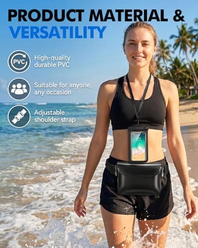 2 Pack IPX8 Waterproof Pouch Bag with Adjustable Strap + Phone Case, Waterproof Waist Bag Pouch Bag & Phone Dry Case for Beach Swimming Boating Camping Hiking, Quick Open Design Fits up to 7.2" Black — view 5