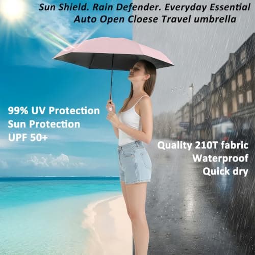 BAODINI Small UV Protection Travel Umbrella Compact for Rain and Sun UPF 50+ Windproof Portable 42 inch Umbrella for Women and Men Pink — view 2