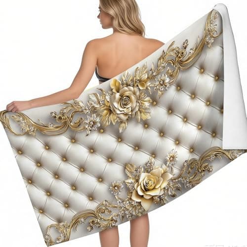 Beach Towel Leather Diamond Rose Quick Dry Microfibre Printed Beach Towels Gold Super Absorbent Beach Towel for Swim 160 x 80 cm Soft Sand Free Lightweight