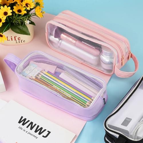 APXEL Clear Mesh Pencil Case Pink, 2 Compartment Pen Bag — view 5