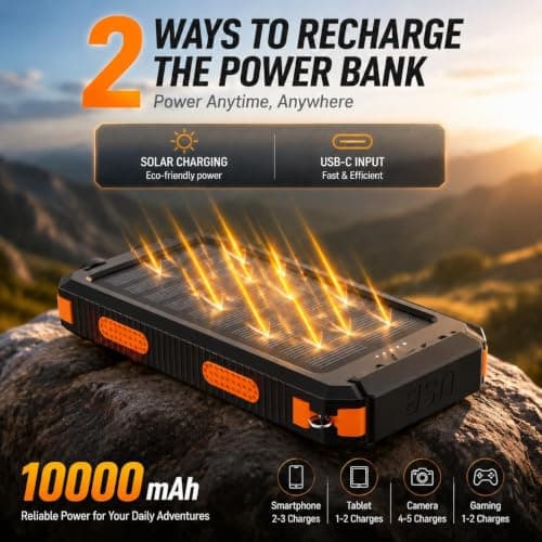 Solar Power Bank 10000mAh, Portable Solar Charger, Portable Charger USB C Fast Charging Outdoor with Flashlight 2 Output Ports for Smartphones Tablets and More — view 4