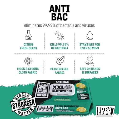 UltraGrime Antibacterial Wet Wipes Alcohol-Free Antiseptic Heavy-Duty Cleaning Cloths & Hand Wipes - Multi-Purpose Kitchen, Toilet, Floor & Surface Cleaning - Extra Large Cloth Wipes (Pack of 80) — view 2