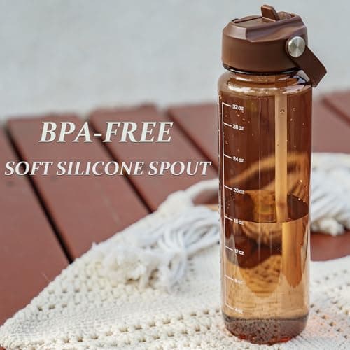 GOPPUS 1000ml/32oz Clear Water Bottle with Straw, Tritan Leakproof Sports Drinking Bottle, BPA Free Wide Mouth Gym Bottle with Handle and Measurement Marks for School, Gym, Travel (Brown) — view 4