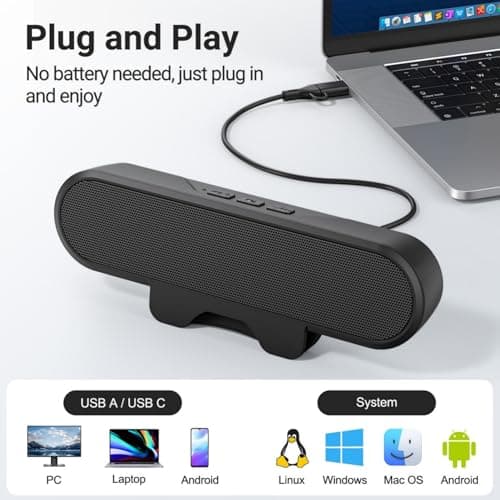 Inwa PC Speaker, USB Monitor Speaker with Clip-On, 10 W with HD Stereo Sound, for PC Monitor, Laptop, Mobile Phone, Desktop, Outdoor, Plug and Play (Black) — view 4