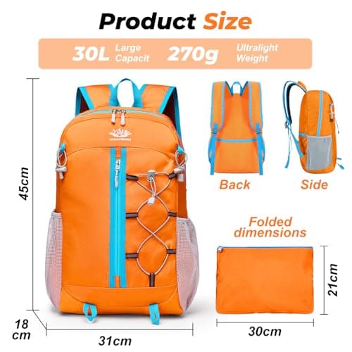 flintronic Lightweight Hiking Backpack, 30L Foldable Waterproof Rucksack, Back Pack Rucksack for Men Women Kids, Walking Backpack for Outdoor Sports, Hiking, Travelling, Camping, Orange — view 2