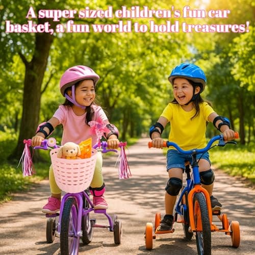 Kids Bike Basket Set - Pink Bicycle Basket with Wheel Spoke Beads Bicycle Bell Bicycle Windmill Bike Tassels. with Ajustable Straps, Detachable Girls Bicycle Accessories for Birthday — view 3