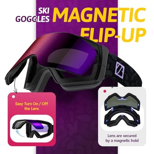 JUBAO Flip-Up Ski Goggles for Men Women, Anti-fog Magnetic OTG Snow Snowboard Goggles for Instant Defogging UV400 Protection — view 2