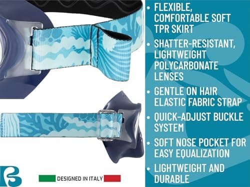CRESSI since 1946 - Breezy Mask - Separate Polycarbonate Lenses and Soft TPR Face Mask Ideal Snorkelling Surface Swimming and Beach Holidays - Blue Navy Elastic Strap Coral Azure - One Size - Kid — view 4