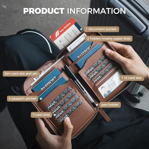 VULKIT Leather Family Passport Holder for 4-6 Passports, Premium Document Organizer Case Large Travel Wallet for Couples and Families, Holds Passports,Cards,Tickets,Cash,Pen,Sim Card (Espresso) — view 5