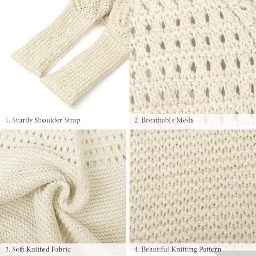 Aucuu Women Knitted Handbags, Retro Hollow Woven Shoulder Bags, Boho Shoulder Bag, Crochet Mesh Tote Bag, Beach Bag for Women, Travel Shopping Handbag for Holiday, Daily Work, Shopping, Travel-White — view 4