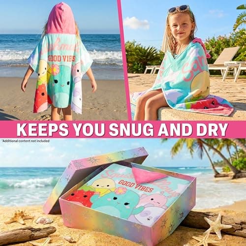 Squishmallows Hooded Towels for Girls, 100% Cotton Bath & Beach Towel Ponchos, Soft & Absorbent Kids Shower Swimming Wrap & Changing Robe, Pool, Travel & Holiday Essentials (Multi Squishmallows) — view 3
