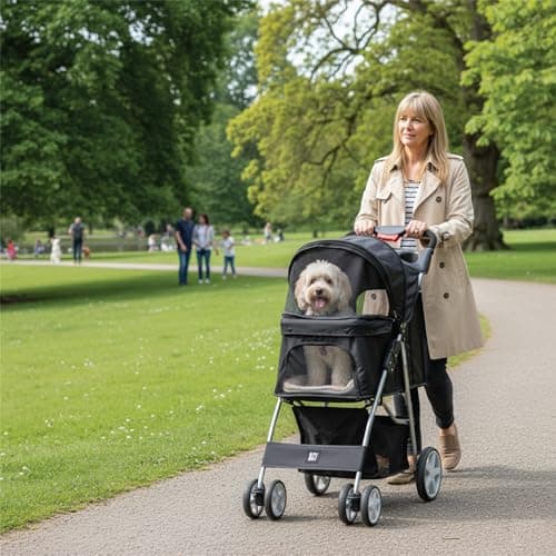KCT Hooded Foldable Pet Dog Cat Stroller Black- 4 Wheel Travel Carriage with Safety Leash, Canopy, Cup Holder, Storage Tray — view 2