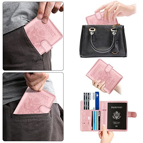 WALNEW Passport Holder for Travel, RFID Wallet for Men Women, PU Leather Case with Pen, Buckle, Rose Gold, Buckle Closure — view 6
