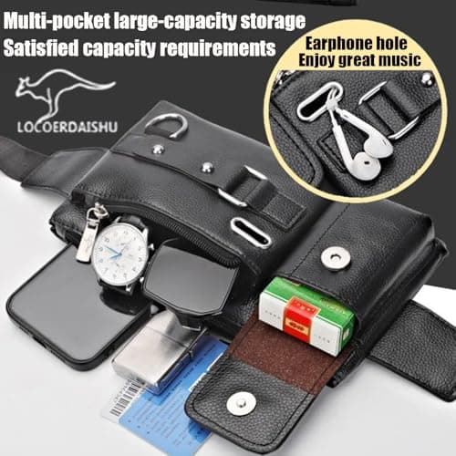 Genuine Leather Bum Bag, Unisex Waist Fanny Pack with Zippered Pockets, Large Capacity Travel Money Belt for Passport, Phone, Dog Walking, Festivals, Hiking, Running (Black) — view 4