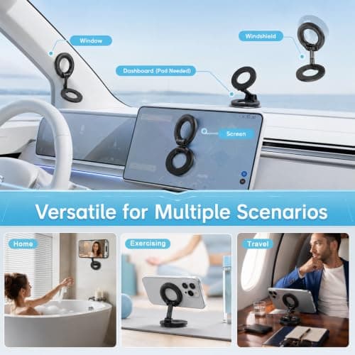 PYserne Magnetic Phone Holder with 2 Metal Rings, Double-Head Car Phone Holder 360° Adjustable Car Mount Foldable for Your Car Gym Mirror Flat Ultra-Stable Grip for All Smartphones — view 3