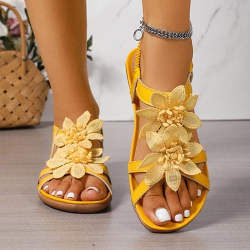 DFEK Womens Flat Sandals Summer Embroidery Flower Beach Flip Flops Ladies Thongs Elastic T-Strap Bohemian Shoes Casual Vacation(A02 Yellow,5) — view 2