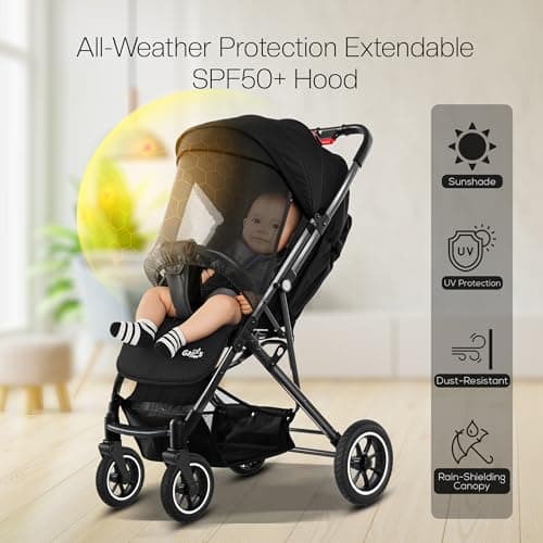 FK Sports Baby Pushchair Stroller Pram from Birth to 3 Years Lightweight Foldable Travel Buggy with 5-Point Harness, Adjustable Seat and Oversized Basket with Cup Holder Smooth Swivel Wheels (Black) — view 4