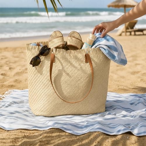 Woodland Leathers Womens Beach Bag, Large Paper Straw Beach Bag, Woven Summer Tote Shoulder Shopper Handbag with PU Leather Straps Lightweight Open Top Holiday Bag (Navy, Large) — view 2
