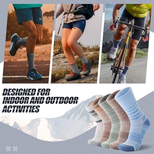 ANTSANG Unisex Merino Wool Hiking Walking Socks for Men Thermal Warm Winter Thick Cozy Crew Socks Stocking Stuffers 5 Pairs(Brown,3-7) — view 6