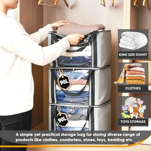 Storage Bags | Clothes Boxes, 6 Pack Grey, 90L Capacity Large Moving Bag — view 2