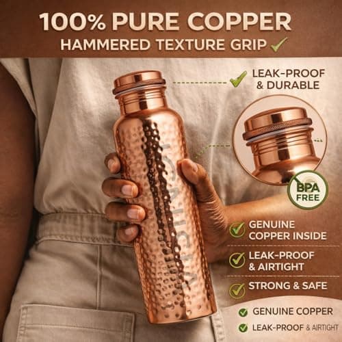 Ignisia Copper Water Bottle 34oz - 100% pure copper water bottle for drinking | eco-friendly | lab tested | Leak-Proof | Handcrafted Ayurvedic for Health & Wellness Hammered — view 2