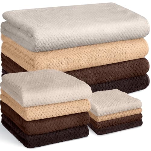 Preboun 12 Pcs Bath Towels and Washcloths 4 Sets Microfiber Bathroom Beach Pool Towel Set Quick Dry Coral Velvet Highly Absorbent for Fitness Sports Shower Travel Spa Hotel(Taupe Gradient)