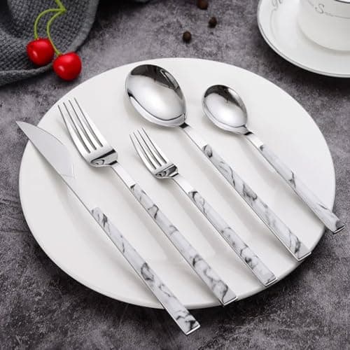 BLMAGS Beautiful Stainless Steel Cutlery Set Marble pattern Handle Table Knife Fork Spoon Utensil Mirror Polished Silverware Flatware Set Practical — view 4
